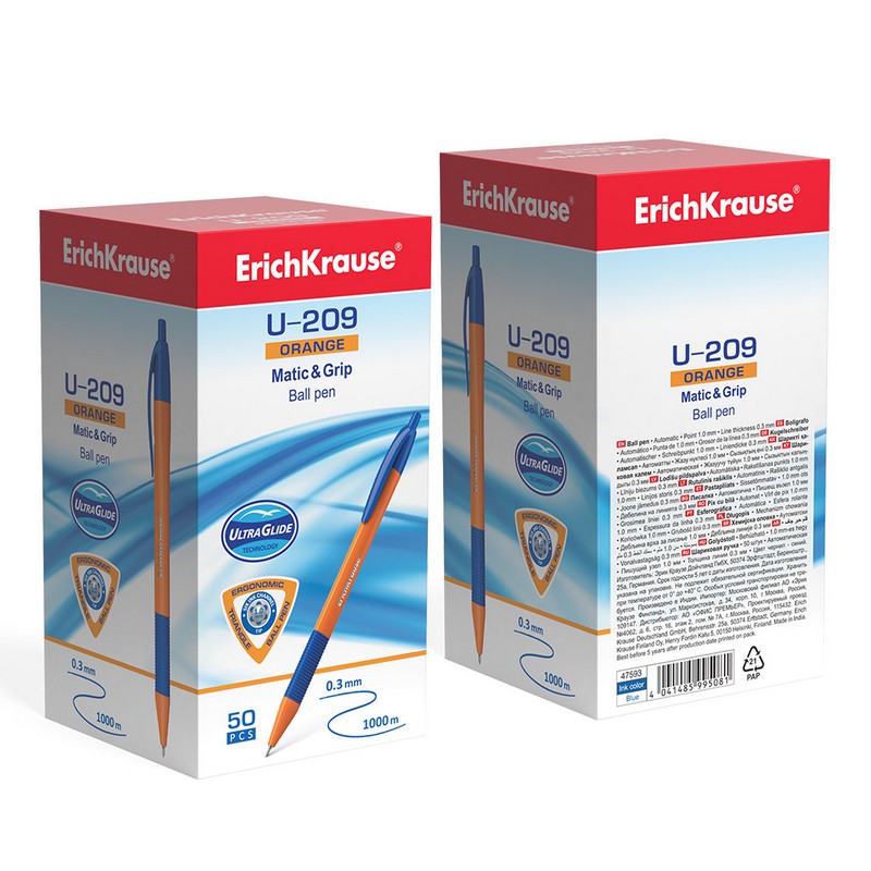 Ручка шариковая автоматическая ErichKrause U-209 Orange Matic&Grip 1.0, Ultra Glide Technology, цвет чернил синий 
