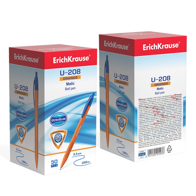 Ручка шариковая автоматическая ErichKrause U-208 Orange Matic 1.0, Ultra Glide Technology, цвет чернил синий 