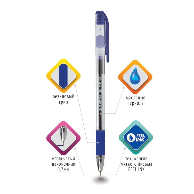 Ручка шариковая масляная с грипом BRAUBERG "Max-Oil", СИНЯЯ, игольчатый узел 0,7 мм, линия письма 0,35 мм