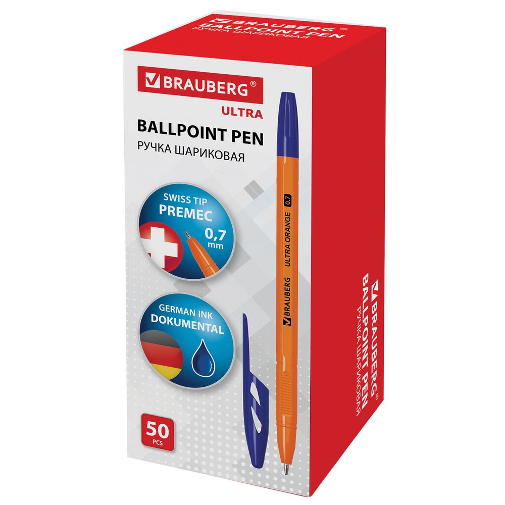 Ручка шариковая BRAUBERG "ULTRA ORANGE", СИНЯЯ, узел 0,7 мм, чернила ГЕРМАНИЯ, наконечник ШВЕЙЦАРИЯ