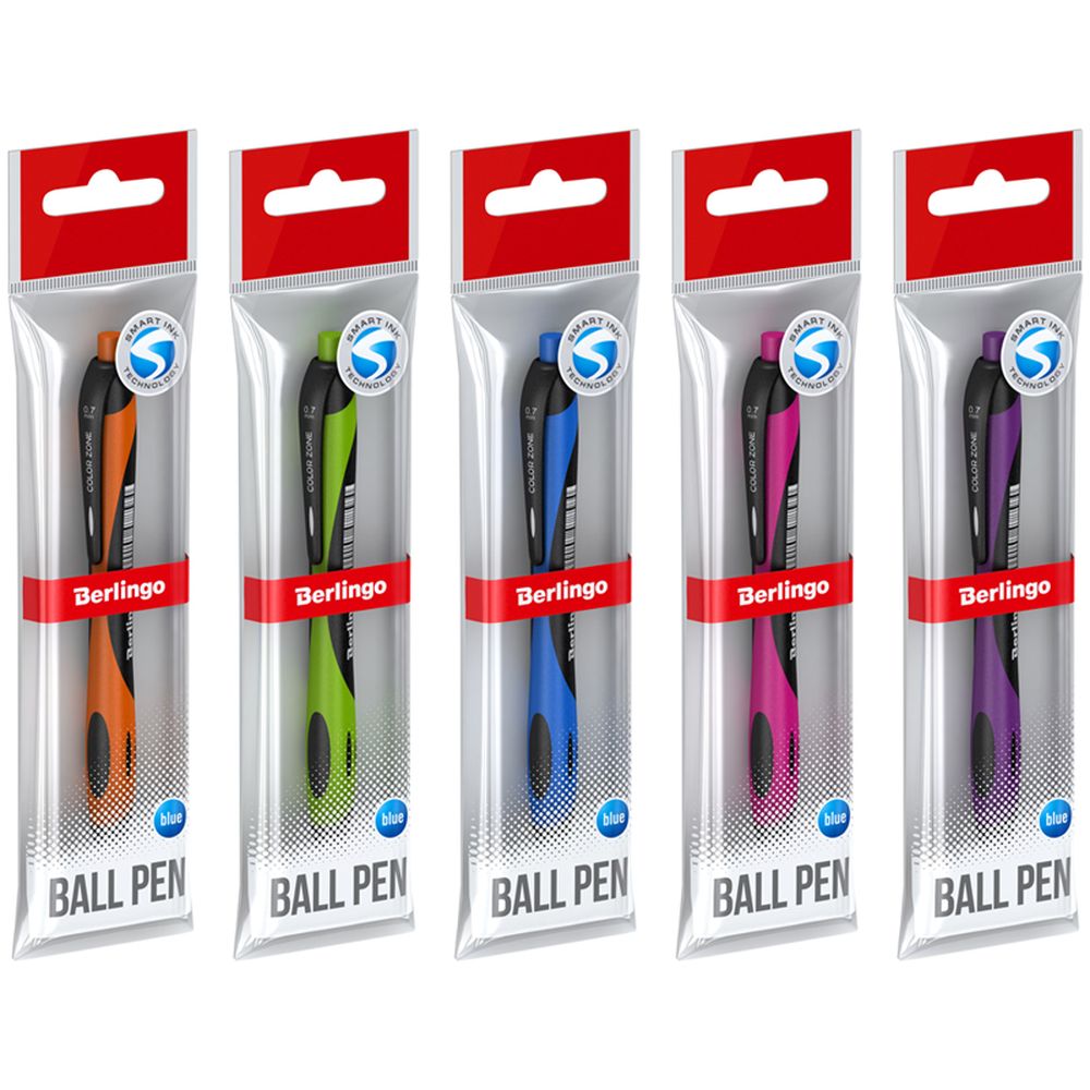 Ручка шариковая автоматическая Berlingo "Color Zone" синяя, 0,7мм, корпус ассорти, пакет с европодвесом