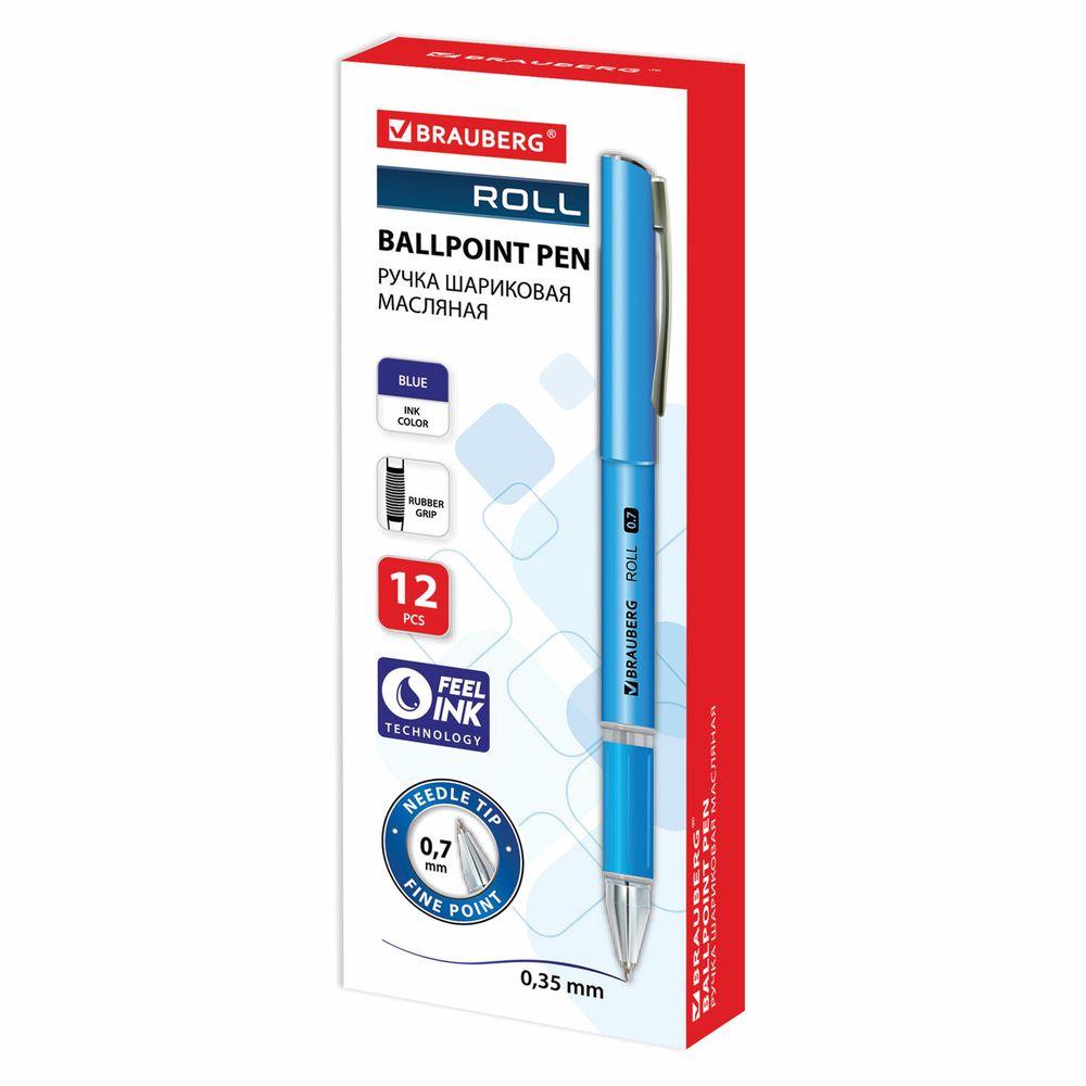 Ручка шариковая масляная с грипом BRAUBERG "Roll", СИНЯЯ, корпус синий, узел 0,7 мм, линия письма 0,35 мм