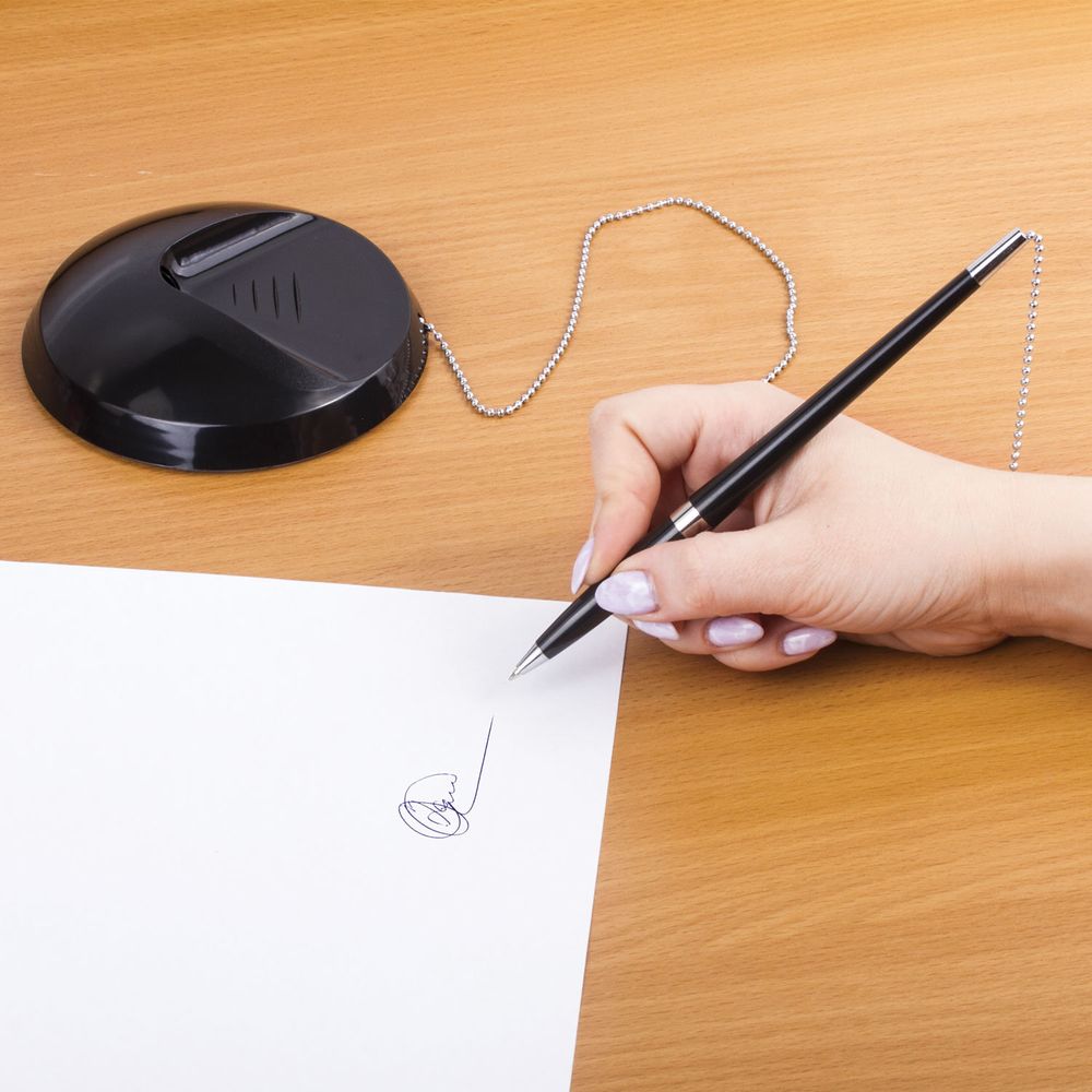 Ручка шариковая настольная BRAUBERG "Стенд-Пен Блэк2", СИНЯЯ, цепочка, корпус черный, линия письма 0,5 мм