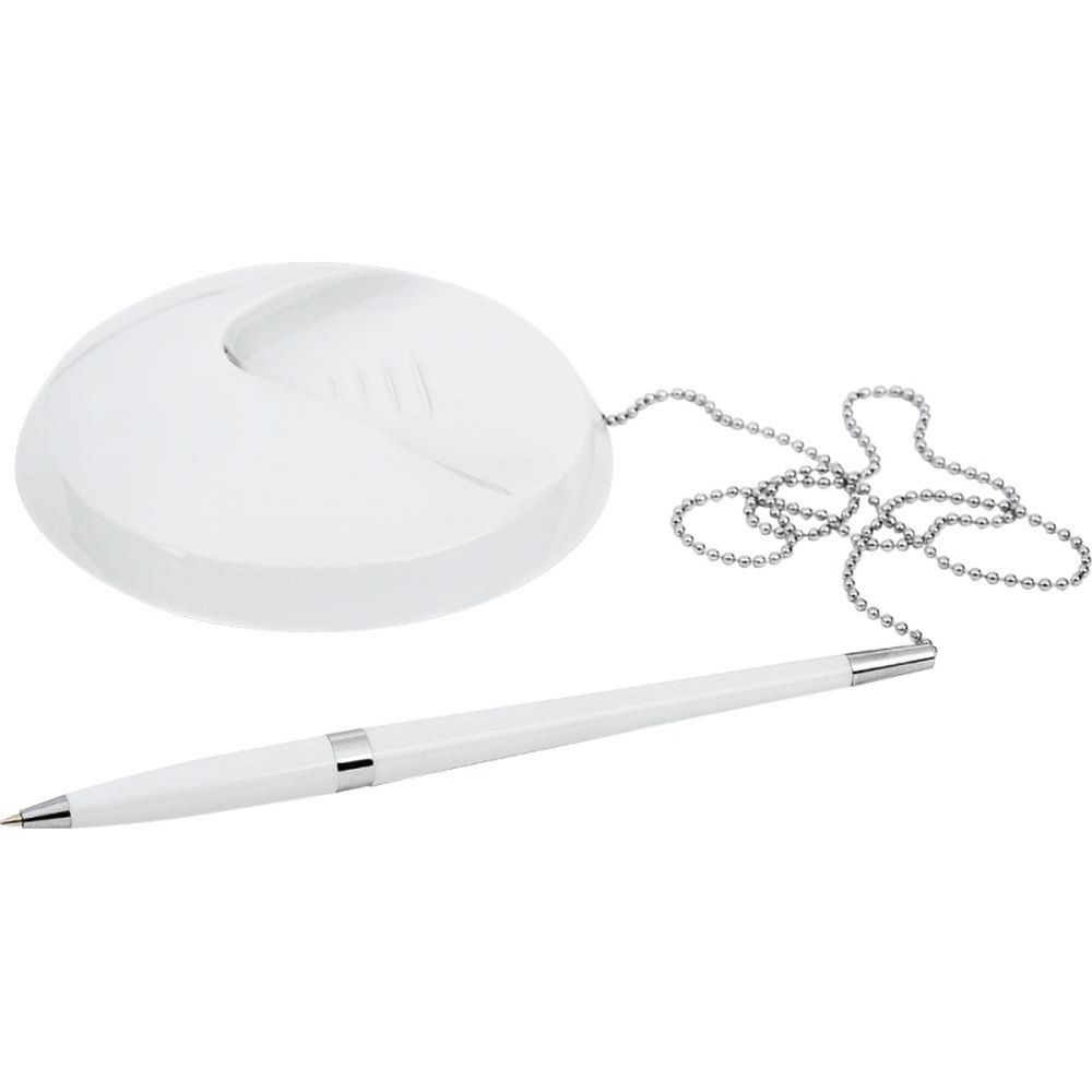 Ручка шариковая на цепочке Beifa KP1009, в держателе, белый корпус, синяя