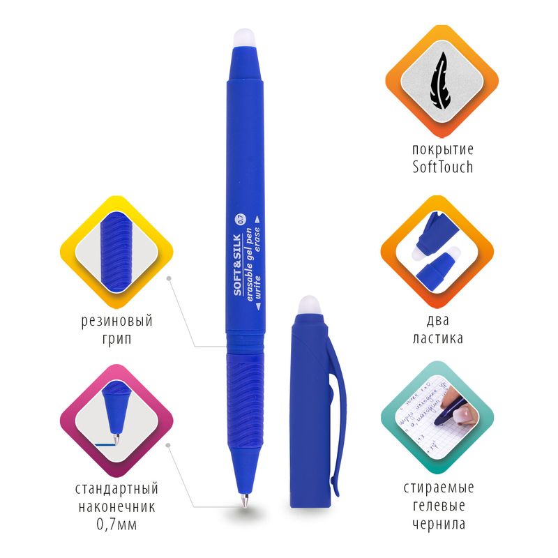 Ручка стираемая гелевая с грипом BRAUBERG SOFT&SILK, СИНЯЯ, узел 0,7мм, линия 0,5мм