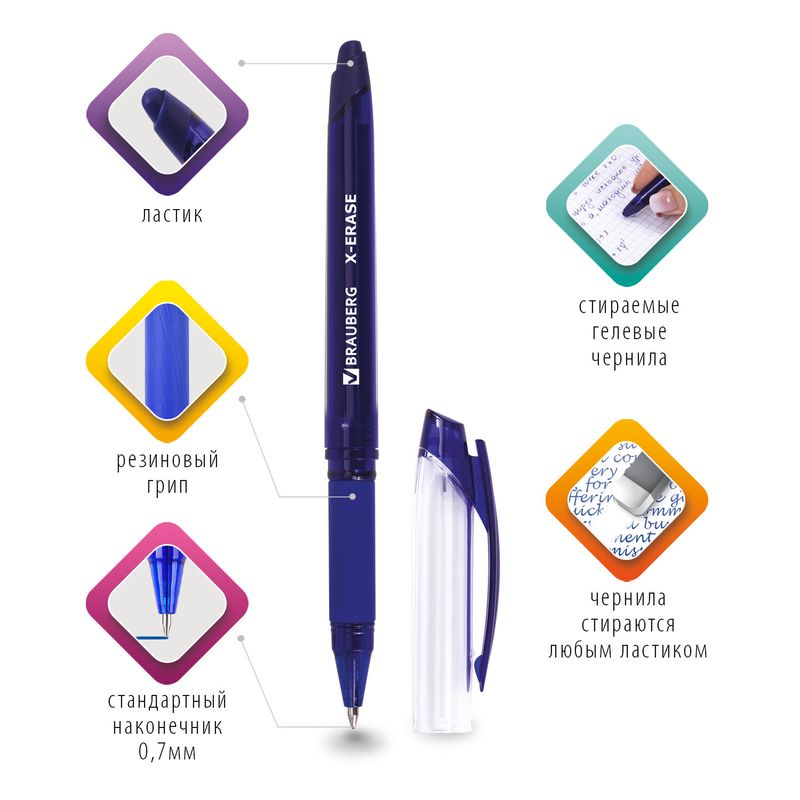 Ручка стираемая гелевая с грипом BRAUBERG X-ERASE, СИНЯЯ, корпус синий, 0,7мм, линия 0,35 мм