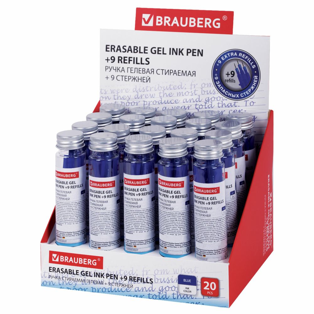 Ручка стираемая гелевая + 9 стержней в ПЛАСТИКОВОЙ ТУБЕ, СИНЯЯ, игольчатый наконечник 0,5 мм, линия 0,35 мм, BRAUBERG