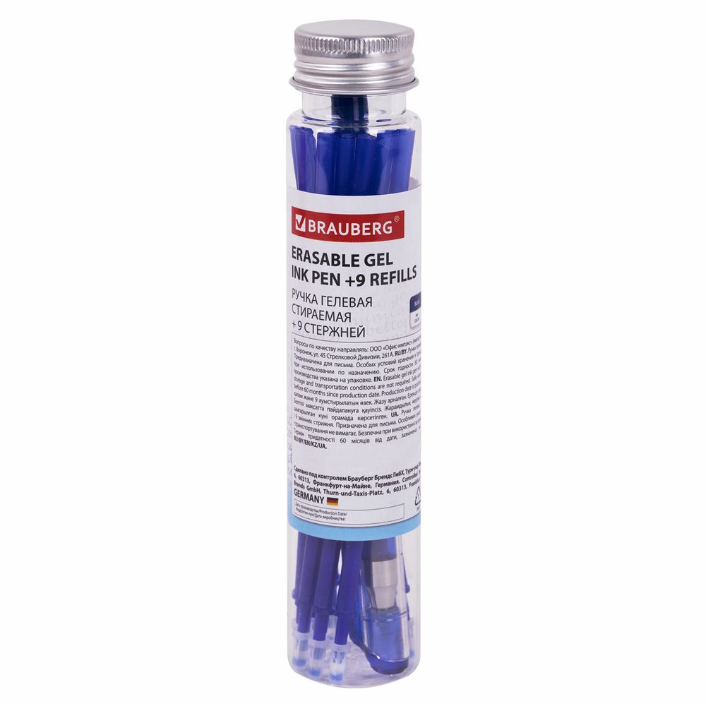Ручка стираемая гелевая + 9 стержней в ПЛАСТИКОВОЙ ТУБЕ, СИНЯЯ, игольчатый наконечник 0,5 мм, линия 0,35 мм, BRAUBERG