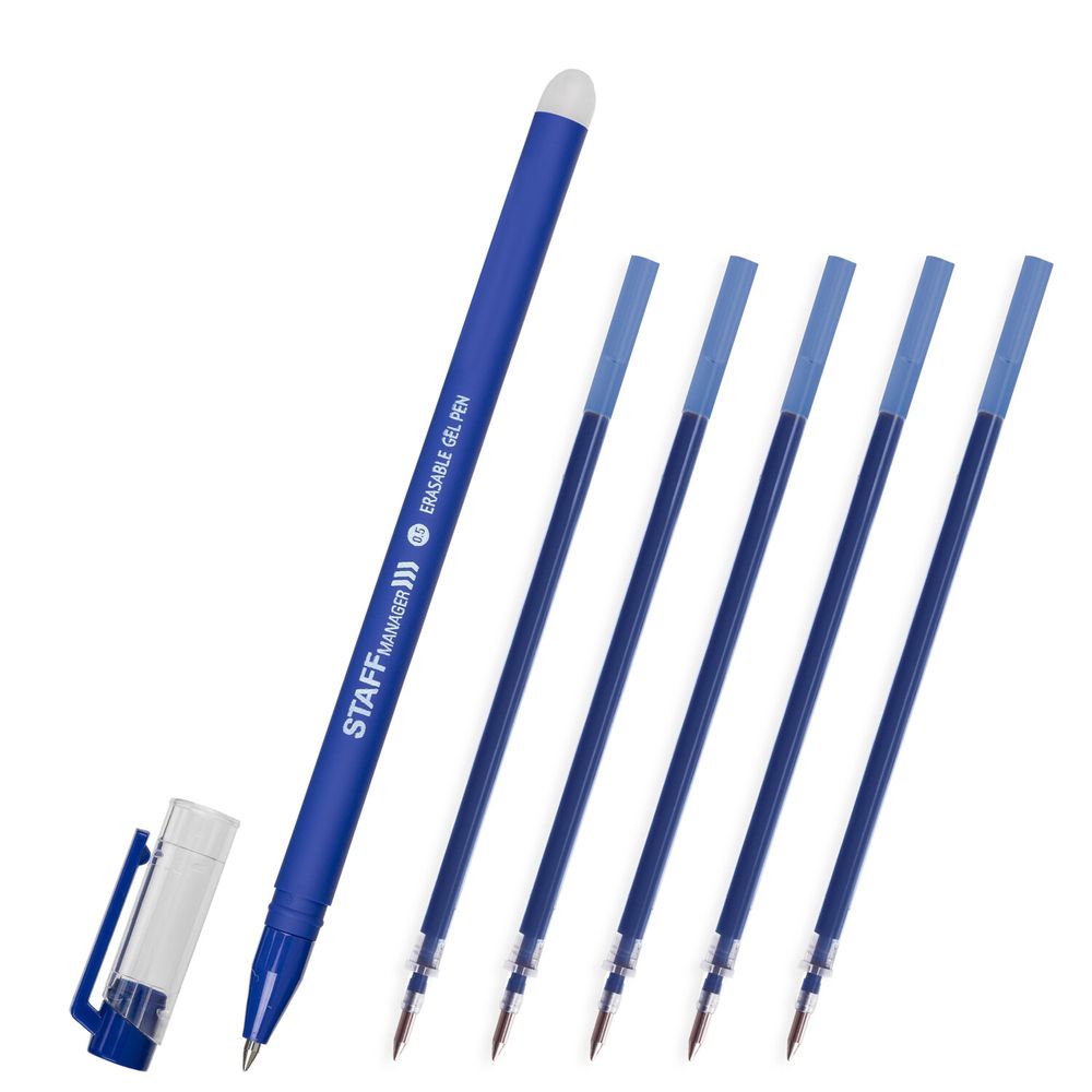 Ручка стираемая гелевая STAFF "Manager" EGP-656, СИНЯЯ, + 5 сменных стержней, линия письма 0,35 мм