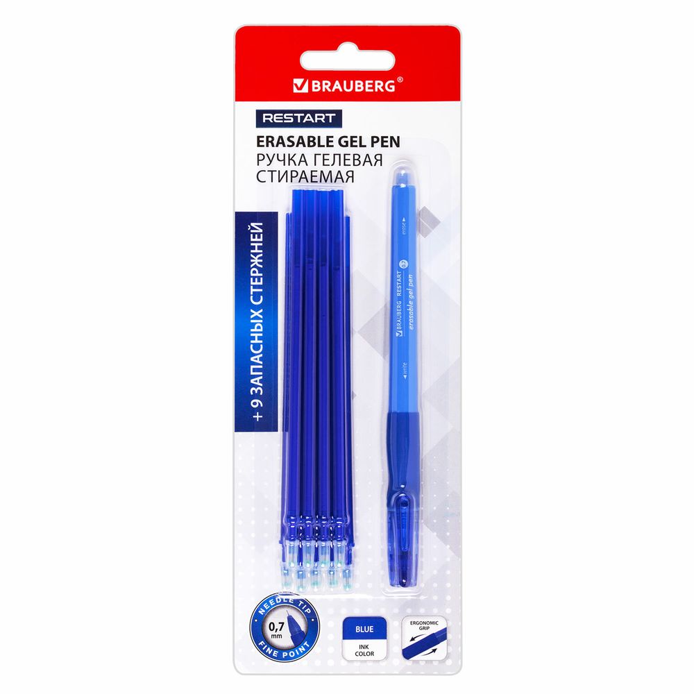 Ручка стираемая гелевая с эргономичным грипом + 9 стержней, BRAUBERG "RESTART", СИНЯЯ, игольчатый узел 0,7 мм, линия письма 0,35 мм