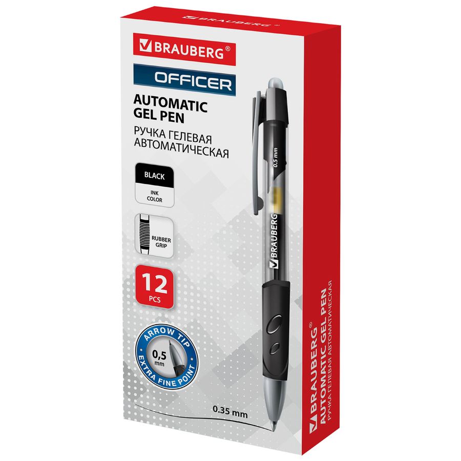 Ручка гелевая автоматическая с грипом BRAUBERG "Officer", ЧЕРНАЯ, корпус тонированный черный, узел 0,5 мм, линия письма 0,35 мм