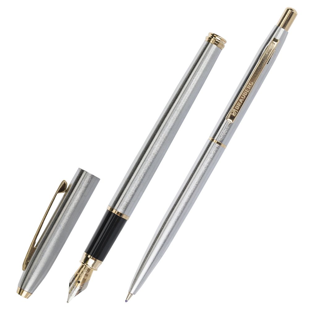 Набор ручек подарочных BRAUBERG Brioso, СИНИЕ, 2 шт.: шариковая, перьевая, серебистые с золотистым