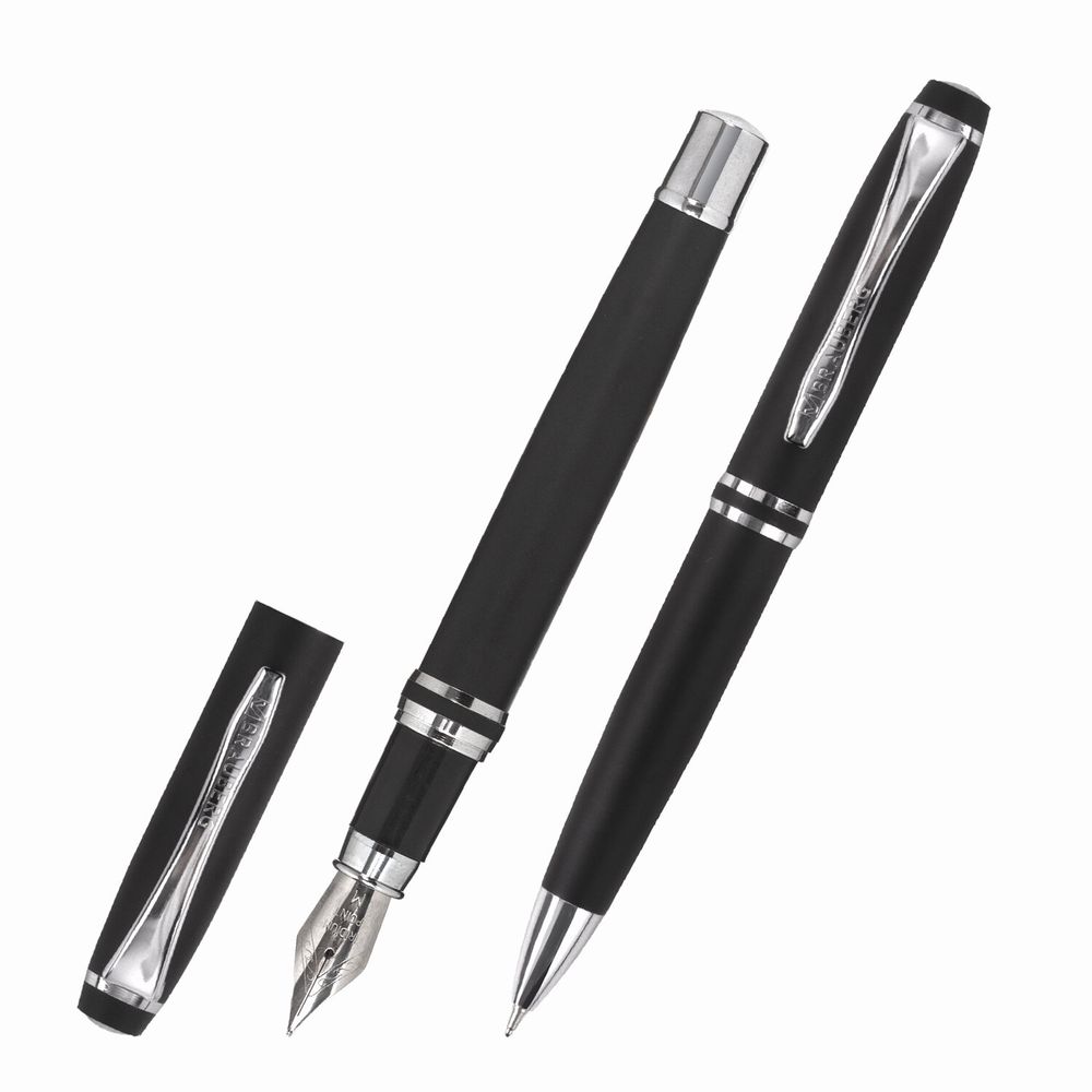 Набор ручек подарочных BRAUBERG Duetto, СИНИЕ, 2 шт.: шариковая, перьевая, черный с хромированными деталями