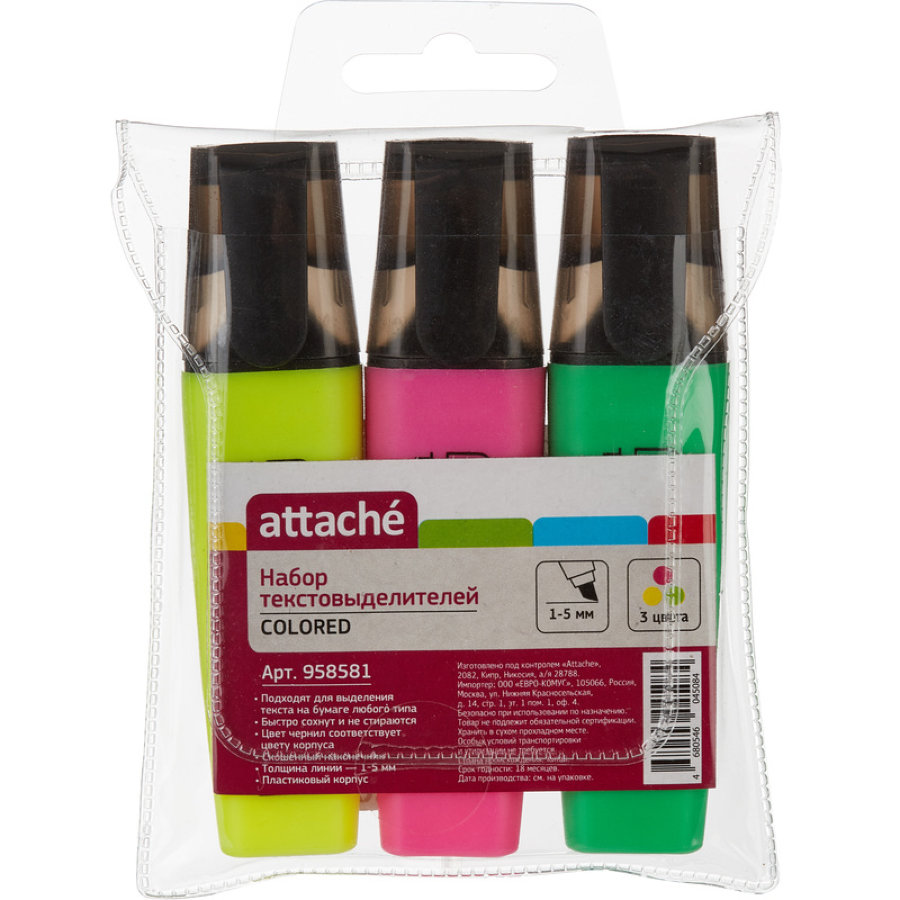 Набор текстовыделителей Attache Colored (толщина линии 1-5 мм, 3 цвета) 