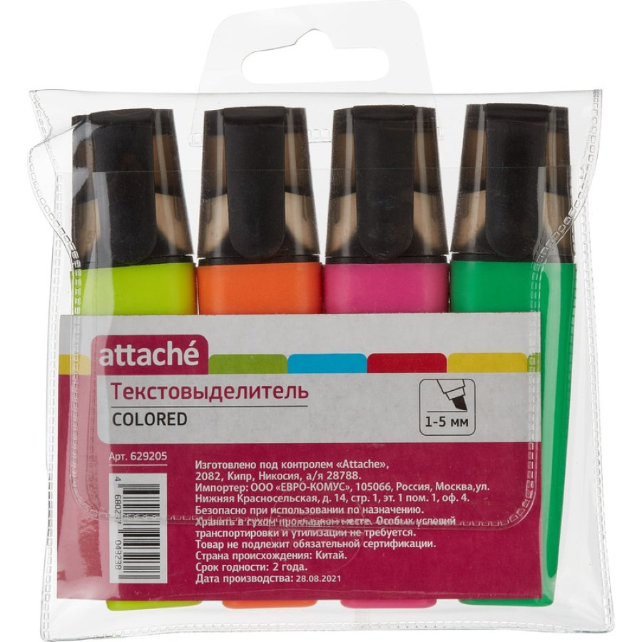 Набор текстовыделителей Attache Colored 1-5мм, 4цв. 
