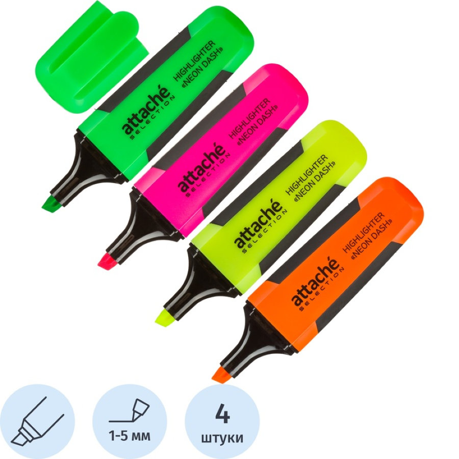 Набор текстовыделителей Attache Selection Neon Dash (толщина линии 1-5 мм, 4 цвета) 