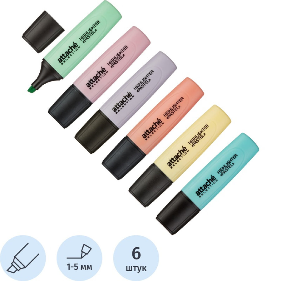 Набор текстовыделителей Attache Selection Pastel  (толщина линии 1-5 мм, 6 цветов) 