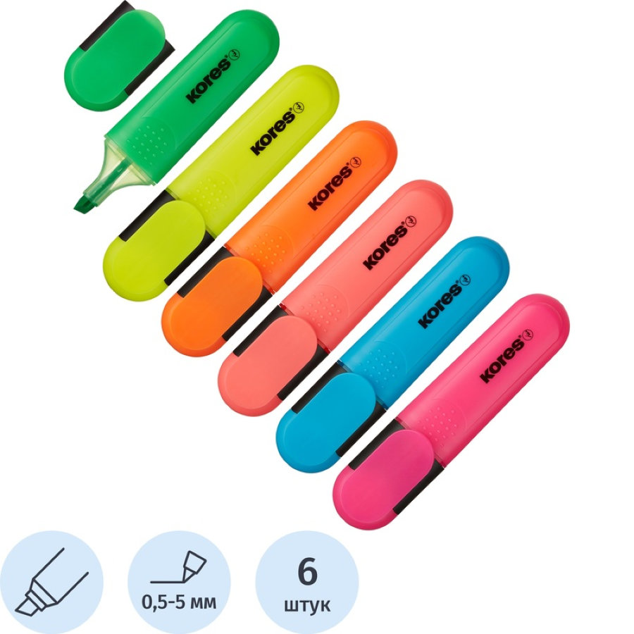 Набор текстовыделителей Kores BRIGHT LINER PLUS, скош након, 1-5 мм, 6цв 