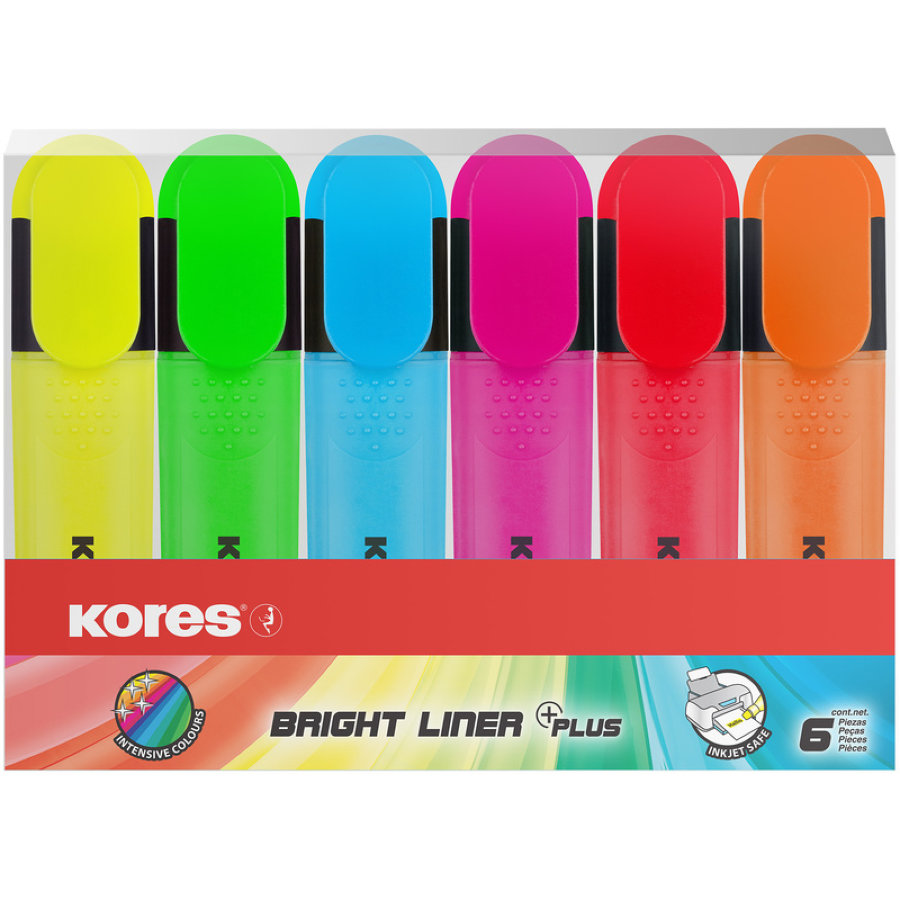Набор текстовыделителей Kores BRIGHT LINER PLUS, скош након, 1-5 мм, 6цв 