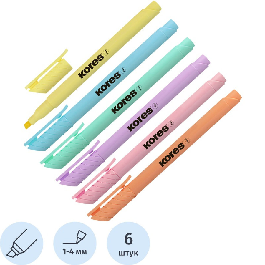 Набор текстовыделителей Kores High Liner Pastel, 1-4 мм, 6 цв/уп 