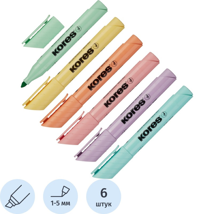Набор текстовыделителей Kores High Liner Plus (толщина линии 1-5 мм, 6 цветов) 