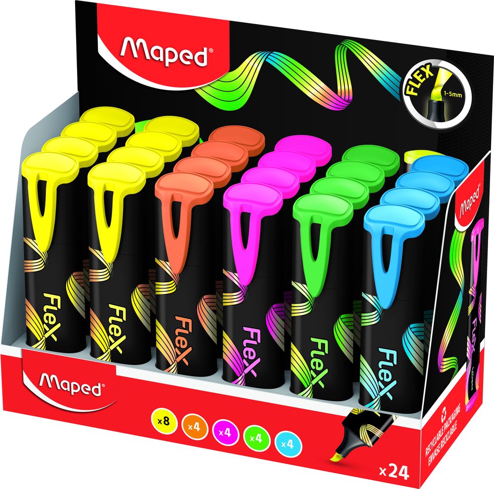 Текстовыделитель FLUO PEP'S FLEX гибкий наконечник, пишущий узел 1-5мм, цв. ассорти, в дисплее