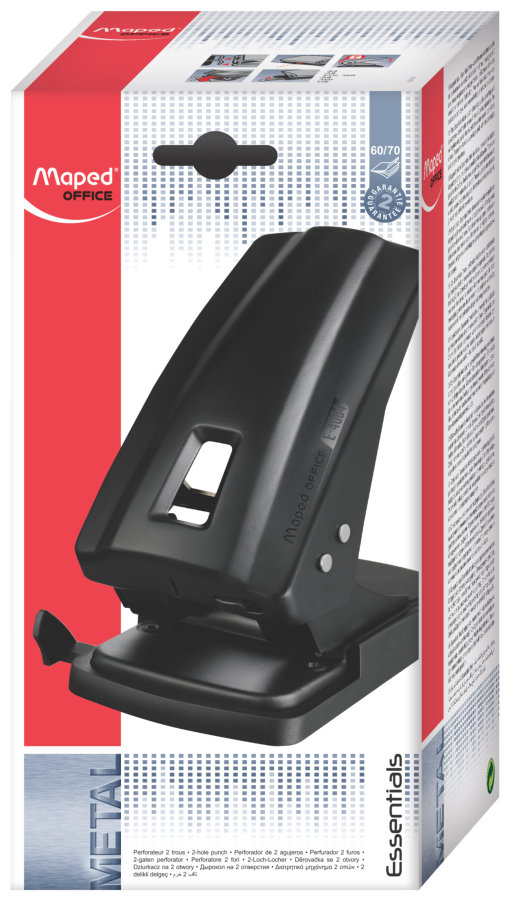 Дырокол металлический на 2 отверстия, MAPED ESSENTIALS METAL, 60/70 листов, матовый черный