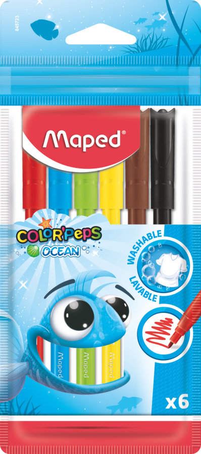 Фломастеры с заблокированным пишущим узлом - суперсмываемые, MAPED COLOR′PEPS OCEAN, в пакете с подвесом 6 шт