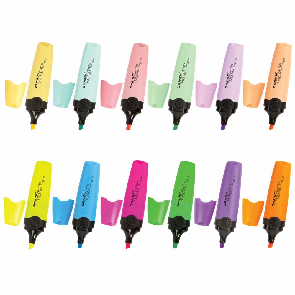 Набор текстовыделителей 12 ЦВЕТОВ на подставке, BRAUBERG "DELTA", линия 1-5 мм