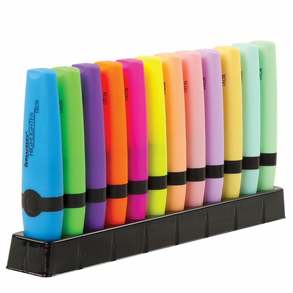 Набор текстовыделителей 12 ЦВЕТОВ на подставке, BRAUBERG "DELTA", линия 1-5 мм