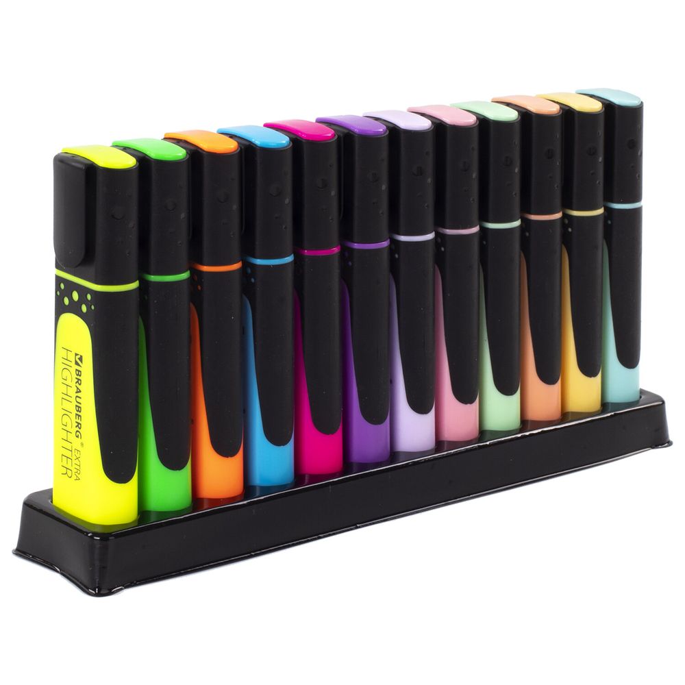 Набор текстовыделителей 12 ЦВЕТОВ на подставке, BRAUBERG "EXTRA", прорезиненный корпус, линия 1-5 мм