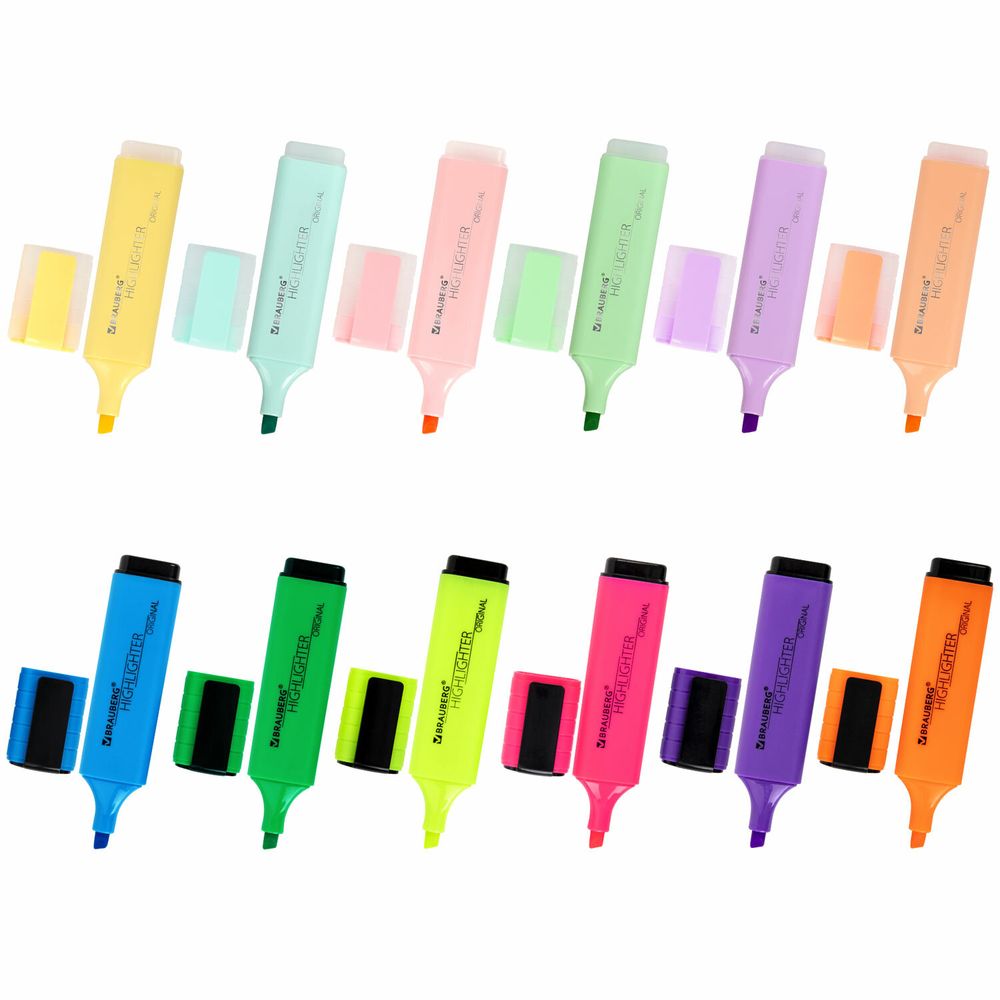 Набор текстовыделителей 12 ЦВЕТОВ на подставке, BRAUBERG "ORIGINAL NEON", линия письма 1-5 мм