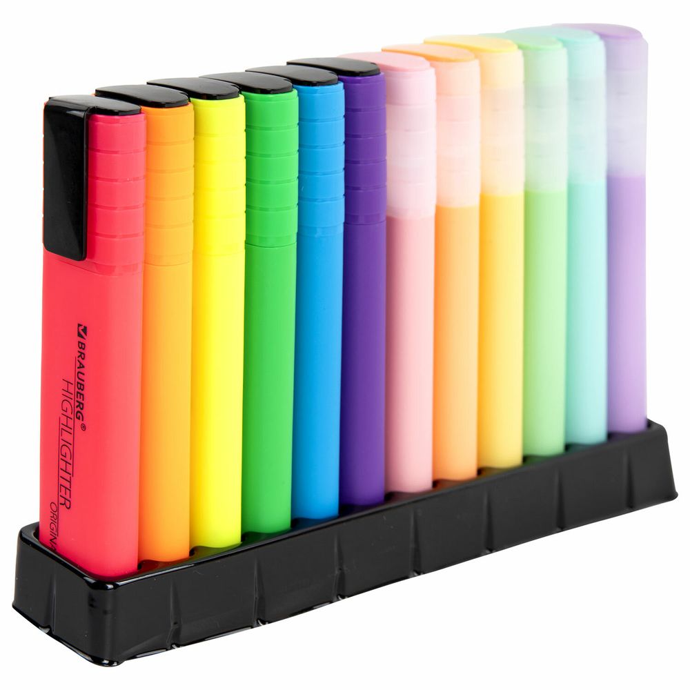 Набор текстовыделителей 12 ЦВЕТОВ на подставке, BRAUBERG "ORIGINAL NEON", линия письма 1-5 мм