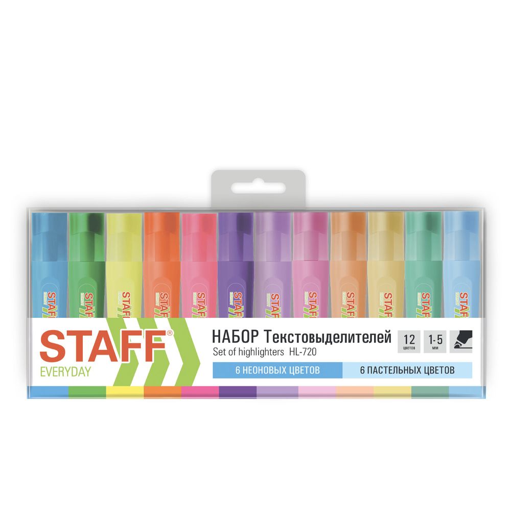 Набор текстовыделителей 12 ЦВЕТОВ, STAFF "EVERYDAY HL-720", 6 неоновых цветов + 6 пастельных цветов, линия 1-5 мм