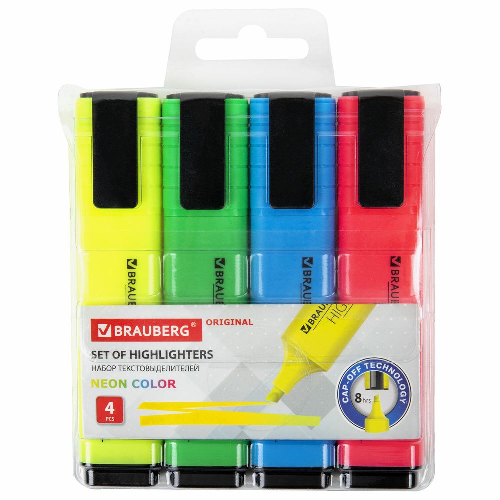 Набор текстовыделителей 4 ЦВЕТА, BRAUBERG "ORIGINAL NEON", линия письма 1-5 мм