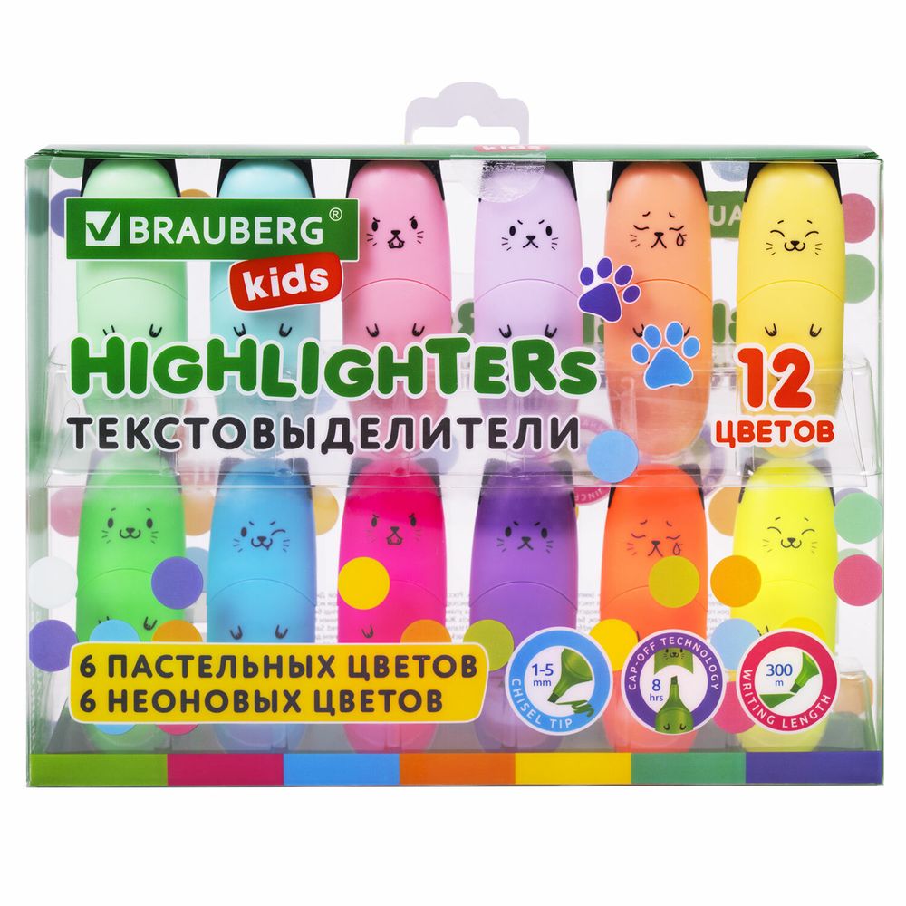 Набор текстовыделителей мини 12 ЦВЕТОВ BRAUBERG KIDS "CUTE CATS", линия 1-5 мм