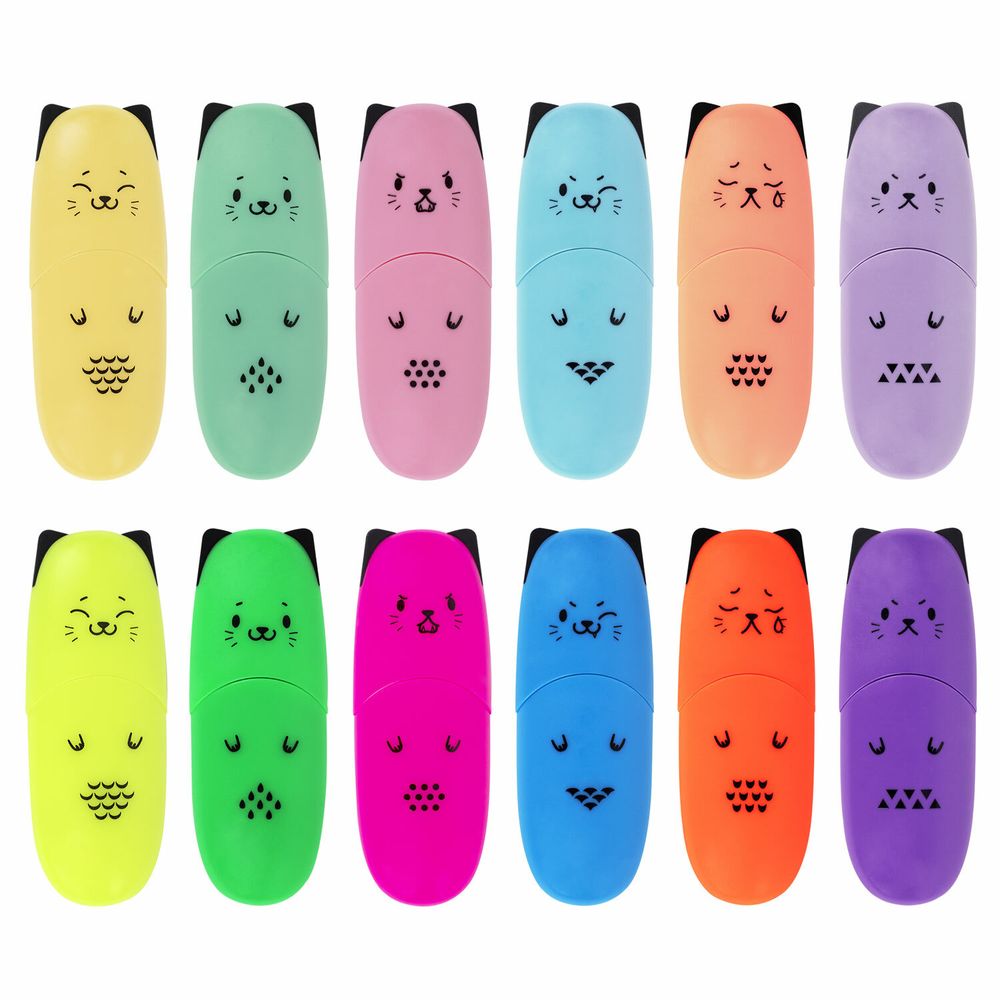 Набор текстовыделителей мини 12 ЦВЕТОВ BRAUBERG KIDS "CUTE CATS", линия 1-5 мм