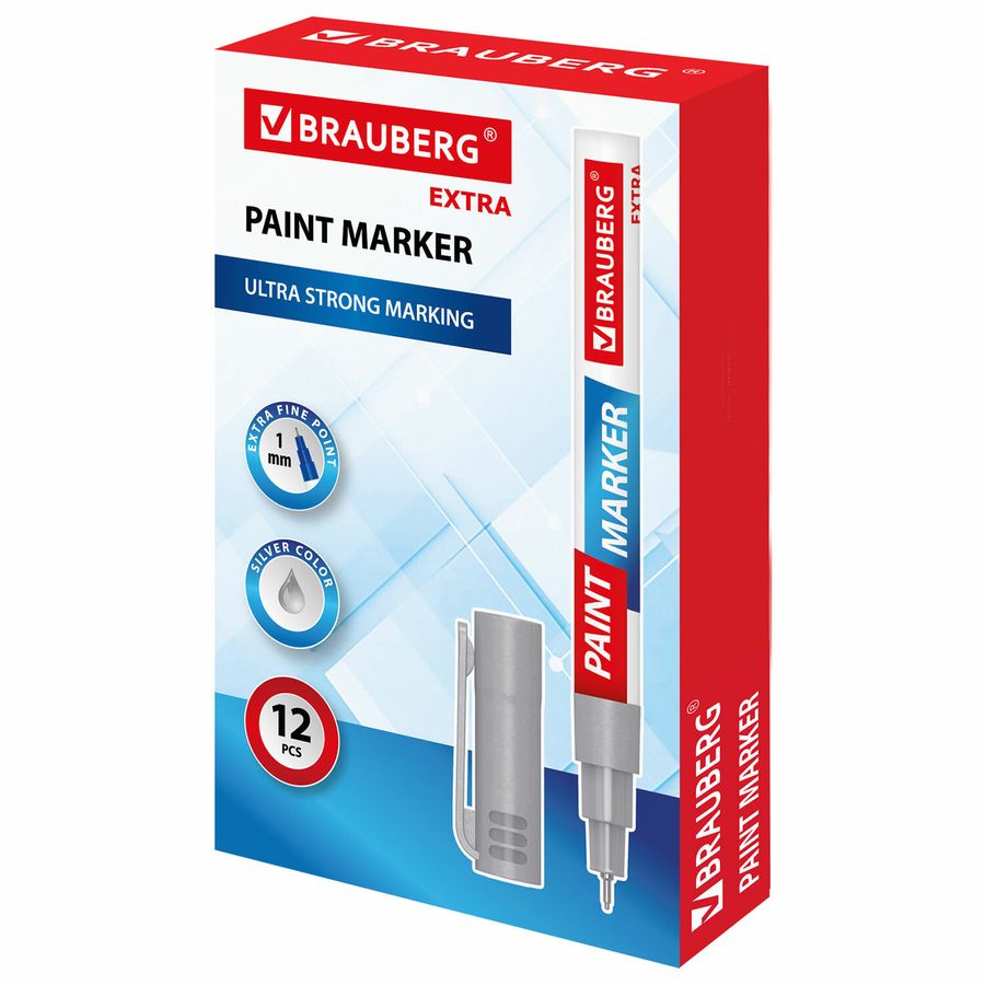Маркер-краска лаковый EXTRA (paint marker) 1 мм, СЕРЕБРЯНЫЙ, УСИЛЕННАЯ НИТРО-ОСНОВА, BRAUBERG