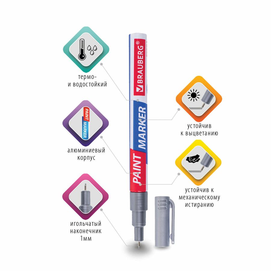 Маркер-краска лаковый EXTRA (paint marker) 1 мм, СЕРЕБРЯНЫЙ, УСИЛЕННАЯ НИТРО-ОСНОВА, BRAUBERG