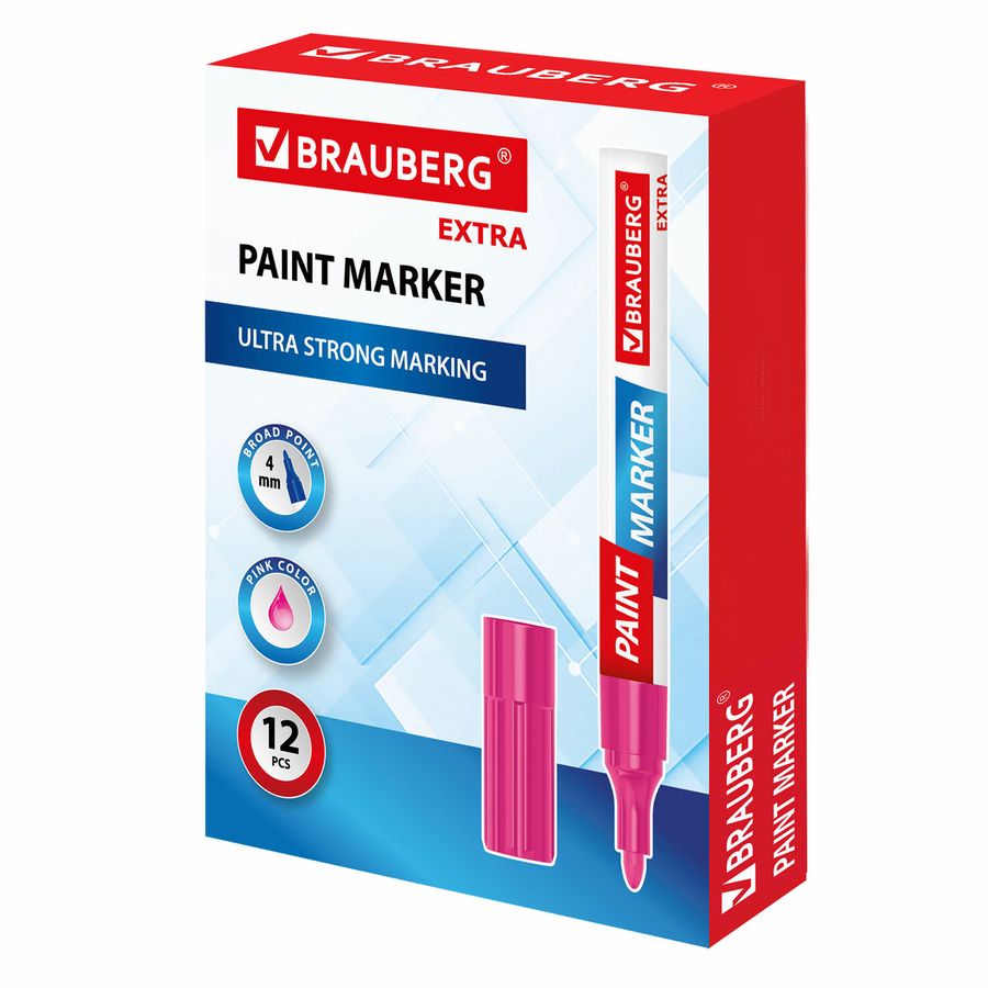 Маркер-краска лаковый EXTRA (paint marker) 4 мм, РОЗОВЫЙ, УСИЛЕННАЯ НИТРО-ОСНОВА, BRAUBERG