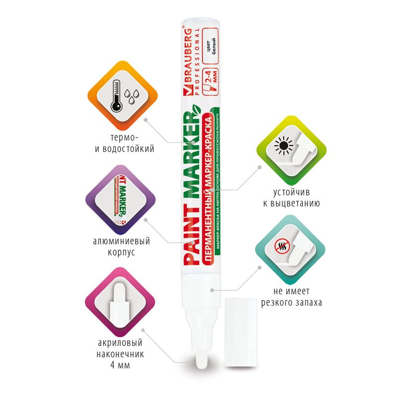 Маркер-краска лаковый (paint marker) 4 мм, БЕЛЫЙ, БЕЗ КСИЛОЛА (без запаха), алюминий, BRAUBERG PROFESSIONAL