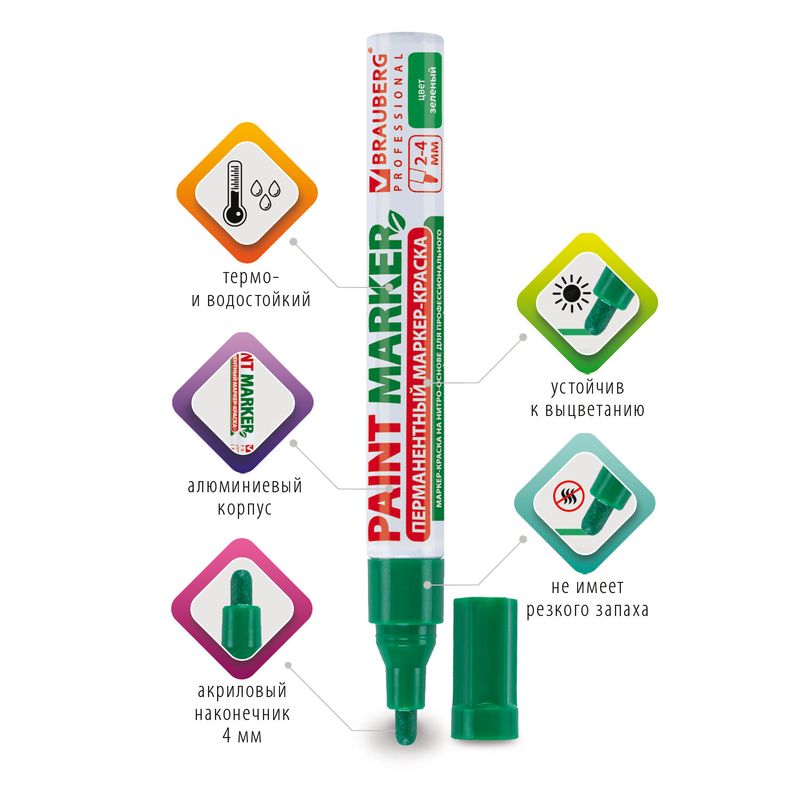 Маркер-краска лаковый (paint marker) 4 мм, ЗЕЛЕНЫЙ, БЕЗ КСИЛОЛА (без запаха), алюминий, BRAUBERG PROFESSIONAL