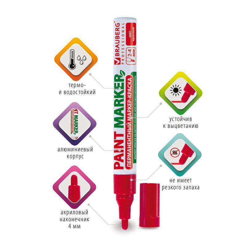 Маркер-краска лаковый (paint marker) 4 мм, КРАСНЫЙ, БЕЗ КСИЛОЛА (без запаха), алюминий, BRAUBERG PROFESSIONAL
