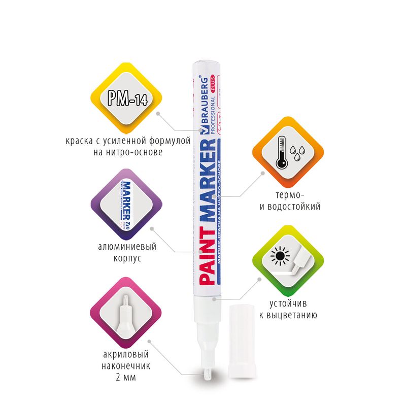Маркер-краска лаковый 2 мм, БЕЛЫЙ, НИТРО-ОСНОВА, алюминиевый корпус, BRAUBERG PRO PLUS