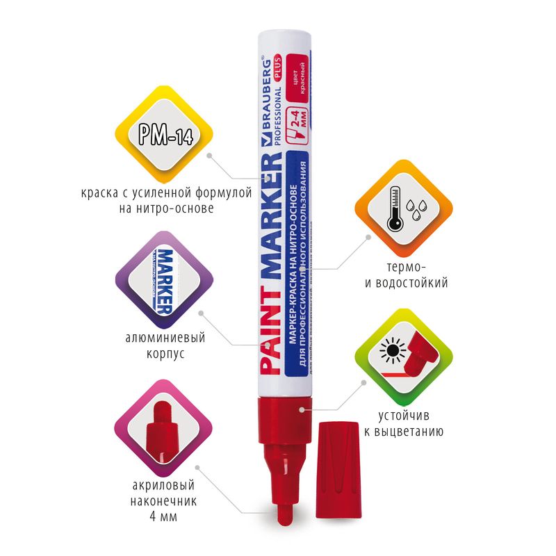 Маркер-краска лаковый 4 мм, КРАСНЫЙ, НИТРО-ОСНОВА, алюминиевый корпус, BRAUBERG PRO PLUS