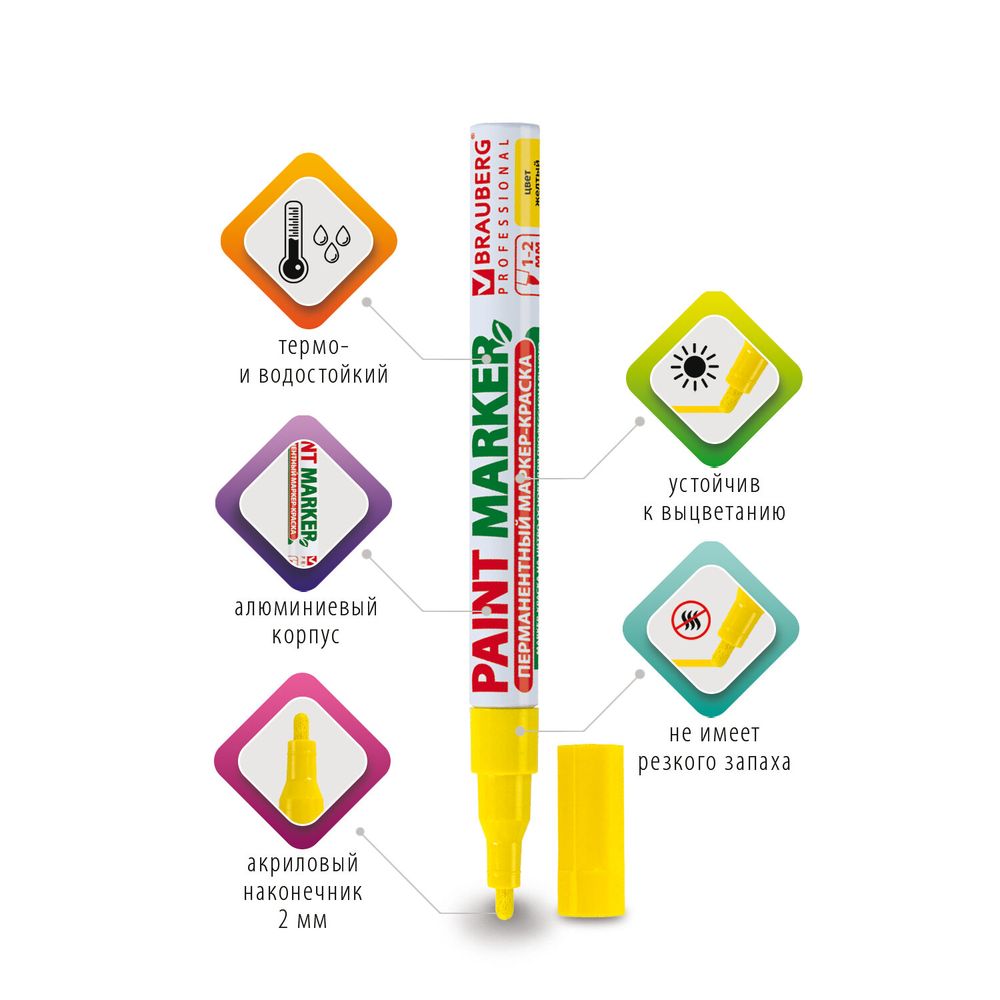 Маркер-краска лаковый (paint marker) 2 мм, ЖЕЛТЫЙ, БЕЗ КСИЛОЛА (без запаха), алюминий, BRAUBERG PROFESSIONAL
