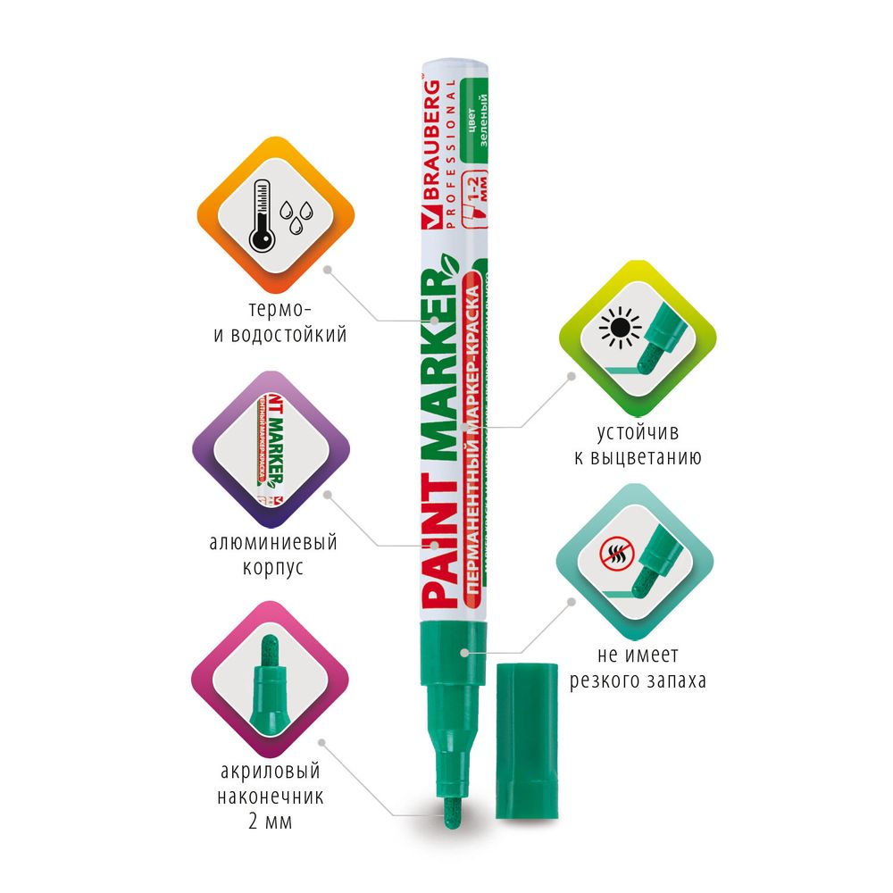 Маркер-краска лаковый (paint marker) 2 мм, ЗЕЛЕНЫЙ, БЕЗ КСИЛОЛА (без запаха), алюминий, BRAUBERG PROFESSIONAL
