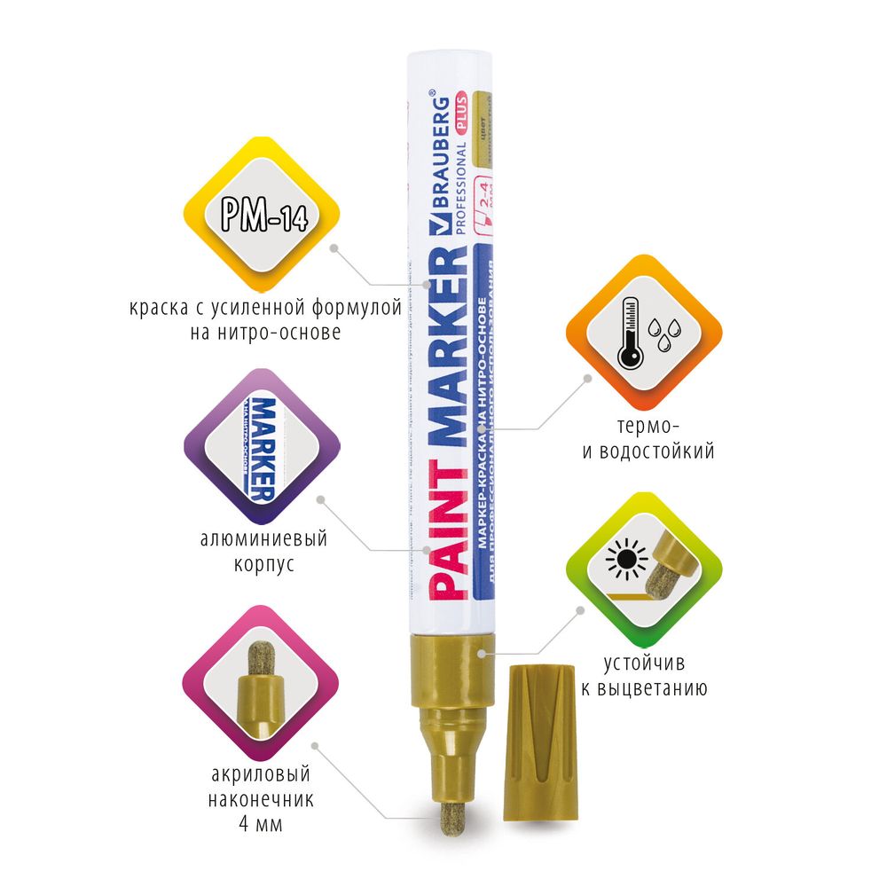 Маркер-краска лаковый (paint marker) 4 мм, ЗОЛОТОЙ, НИТРО-ОСНОВА, алюминиевый корпус, BRAUBERG PROFESSIONAL PLUS