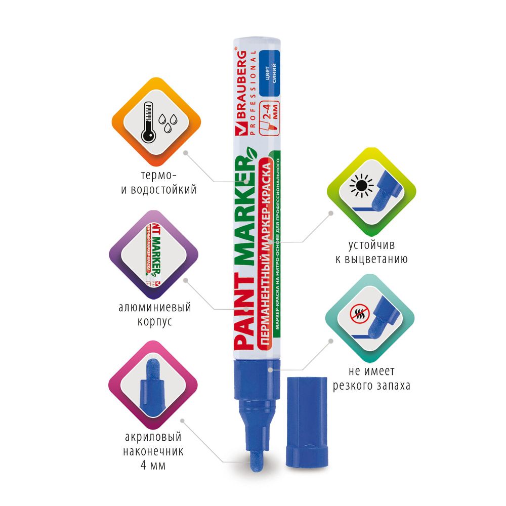 Маркер-краска лаковый (paint marker) 4 мм, СИНИЙ, БЕЗ КСИЛОЛА (без запаха), алюминий, BRAUBERG PROFESSIONAL