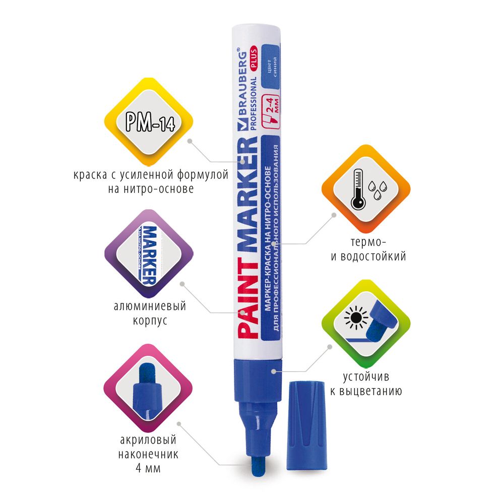 Маркер-краска лаковый (paint marker) 4 мм, СИНИЙ, НИТРО-ОСНОВА, алюминиевый корпус, BRAUBERG PROFESSIONAL PLUS